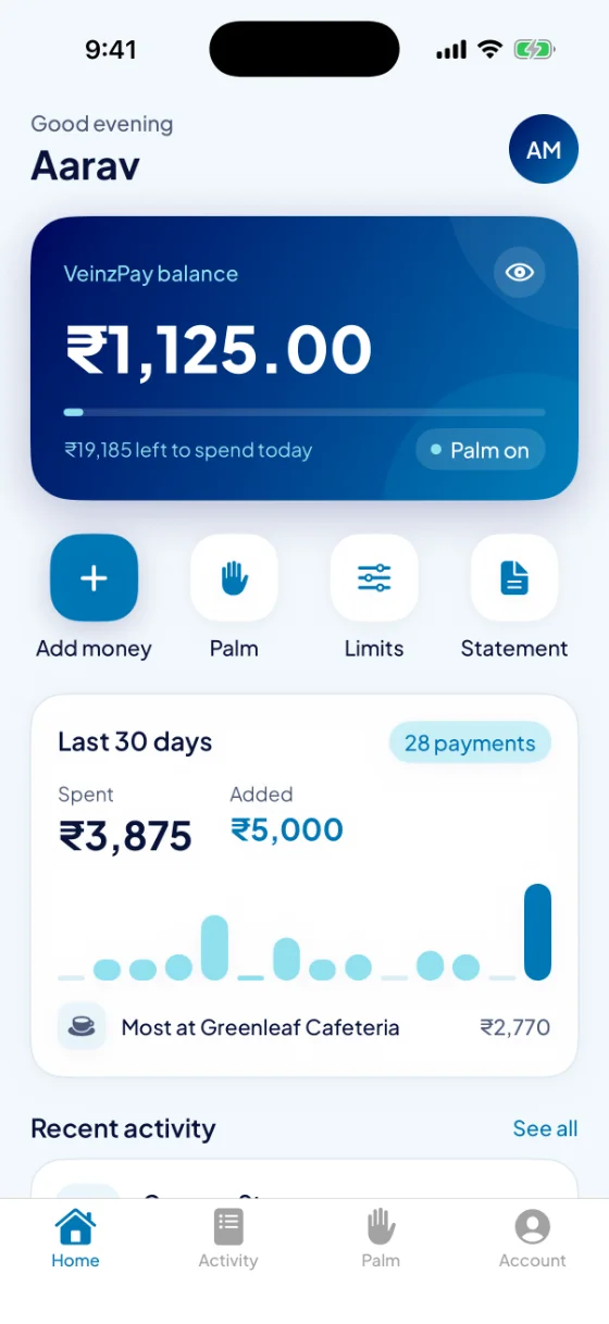 Home screen: balance, today's remaining limit and the last 30 days of spending