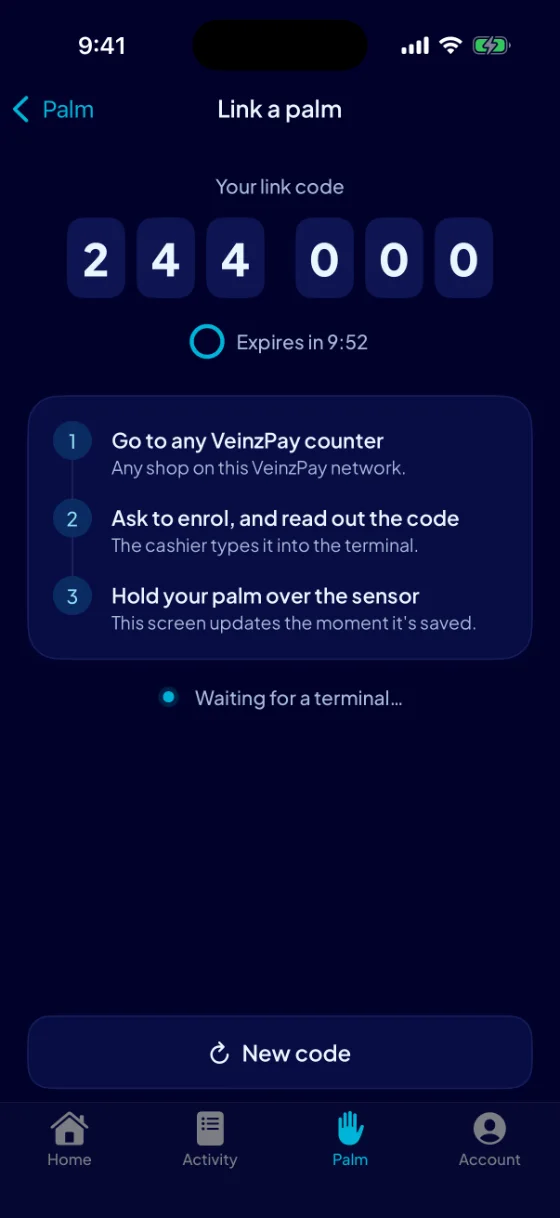 Link a palm: a six-digit code to read out at the counter