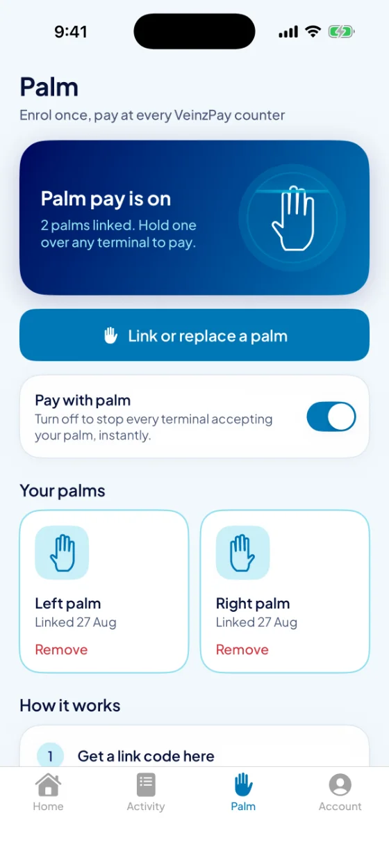 Palm screen: palm pay switch and the palms linked