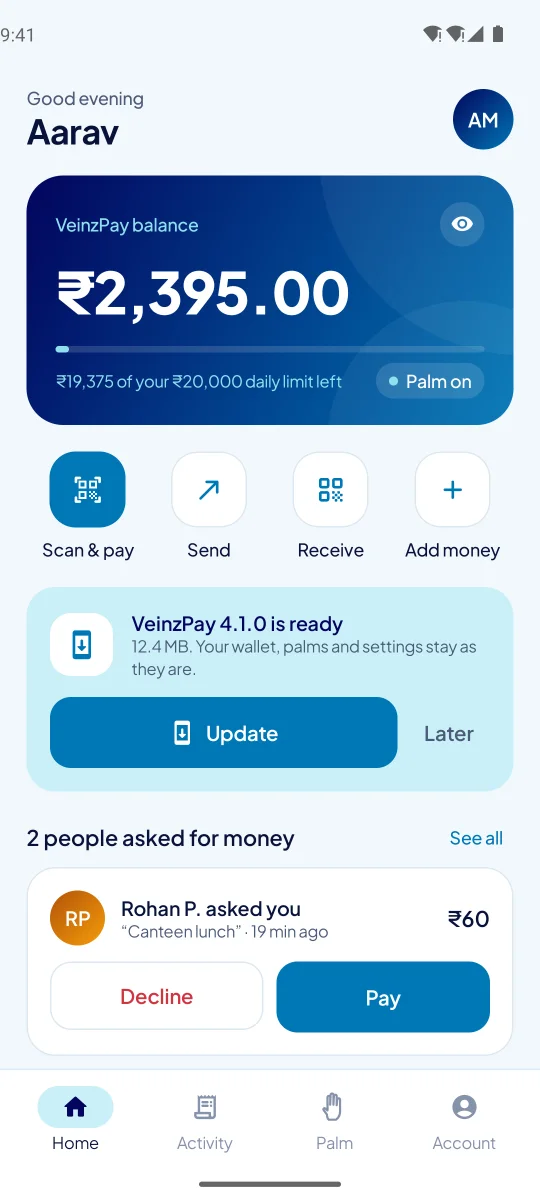 The update card on the wallet's home screen